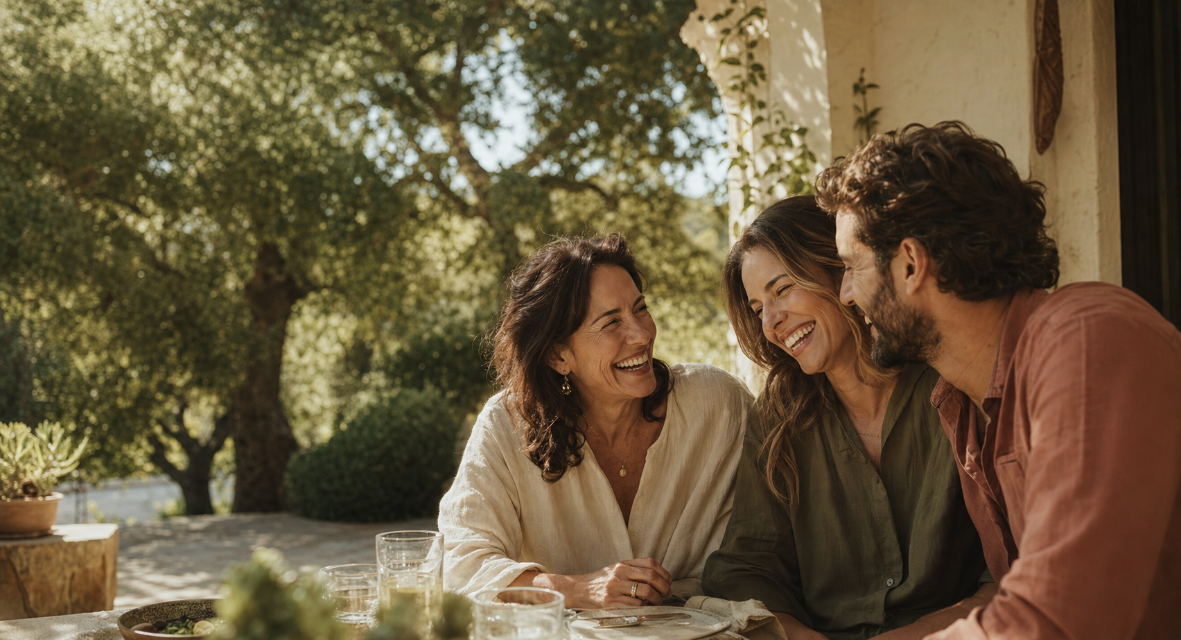 A family sharing a joyful laugh together on a sunlit California patio