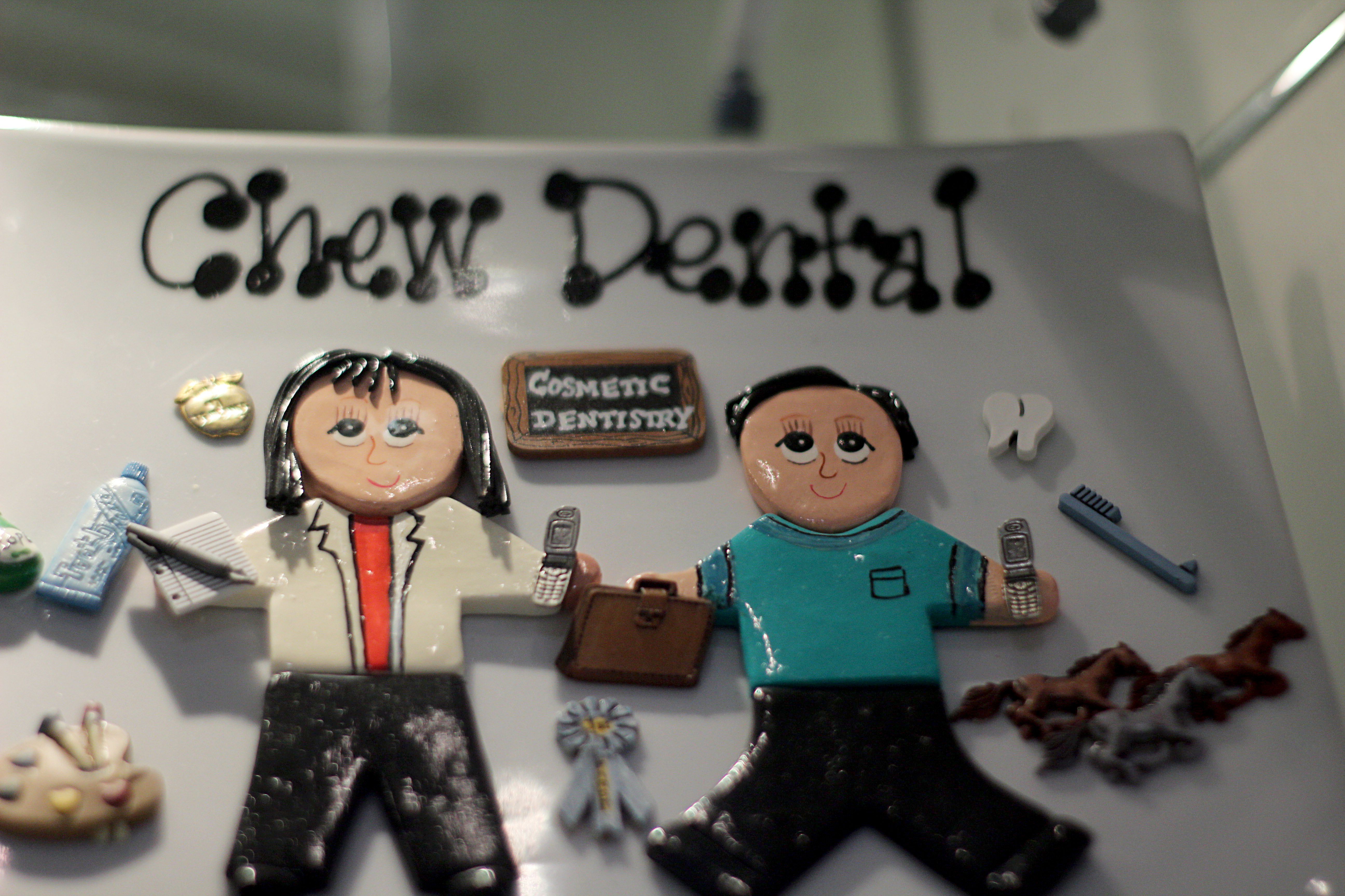 A cheerful handmade Chew Dental artwork created by a patient
